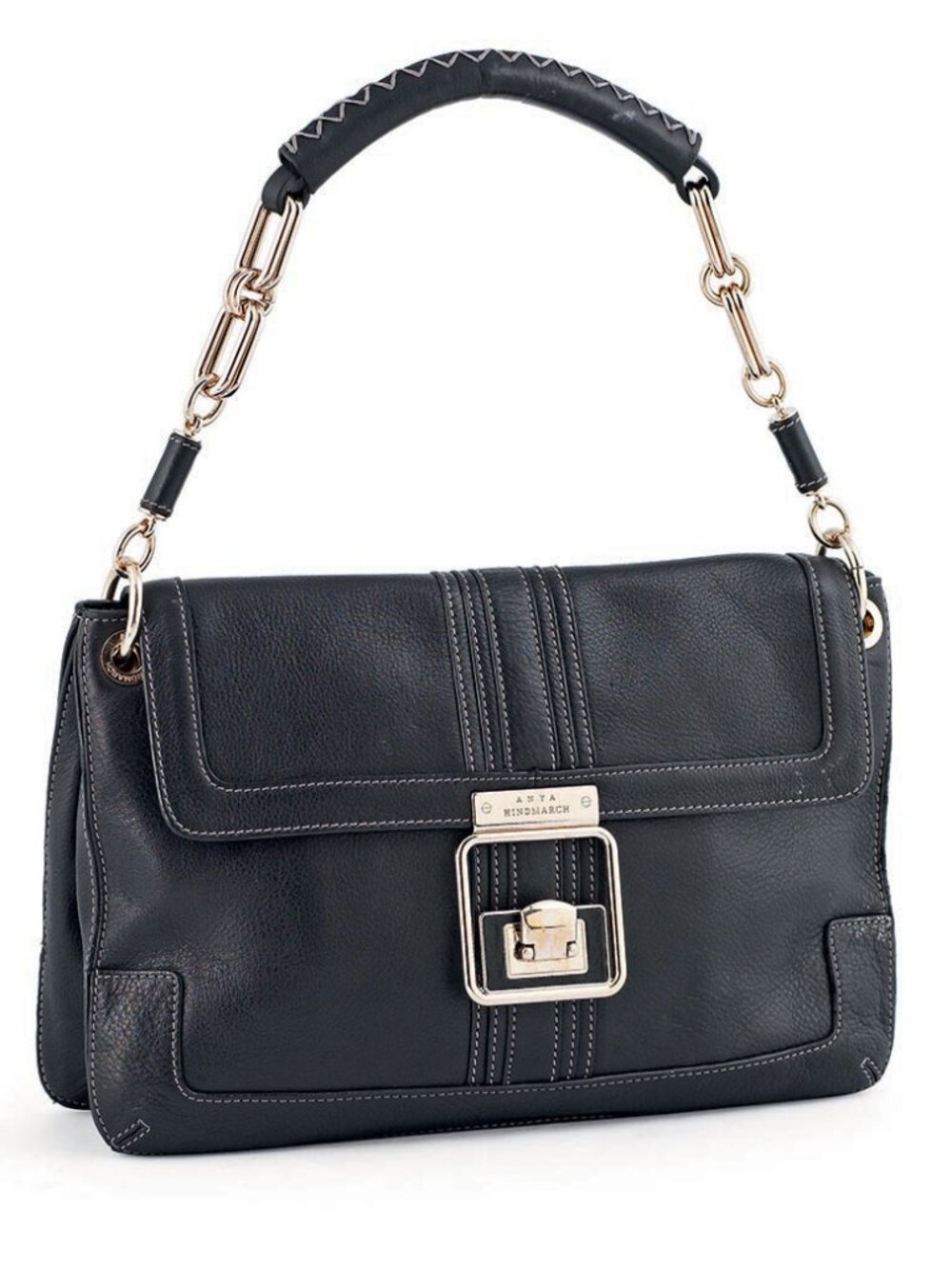 Anya Hindmarch Black Leather Shoulder Bag – Silver Chain Strap & Push-Lock Clasp